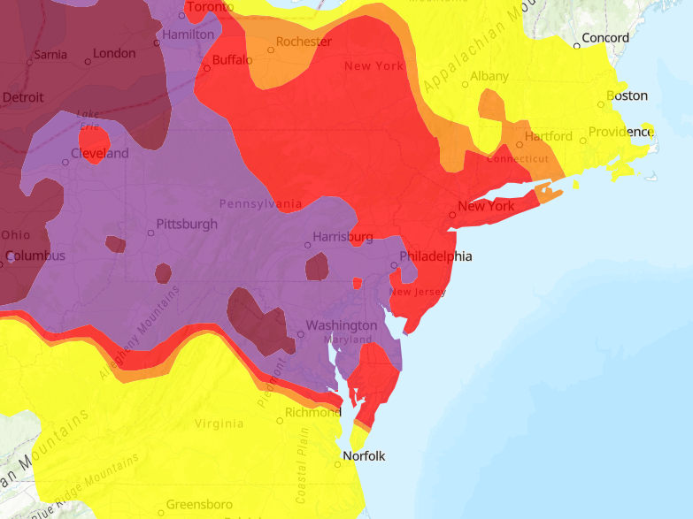 Air quality forecast map of the Mid-Atlantic and Northeast showing Delaware and much of Pennsylvania, Maryland and Washington, D.C., in purple, indicating very unhealthy air quality. Surrounding areas appear red, orange and yellow.