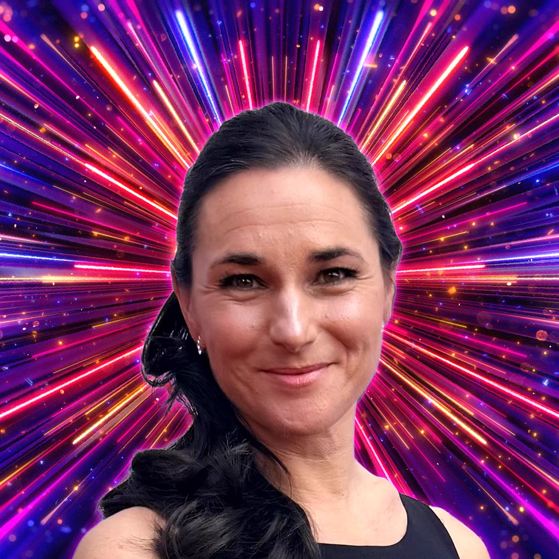 A woman with dark hair tied back smiles to camera, set against a backdrop of glittering pink, blue and purple rays of light