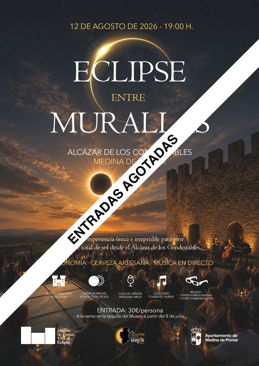 AytoMedina's tweet photo. ❌🎟️ Agotadas las entradas para disfrutar del eclipse total de sol del próximo 12 de agosto desde la terraza del Alcázar de los Condestables de Medina de Pomar 🌘😎
#medinadepomar #viveeleclipse https://t.co/flbj9Wtdqs