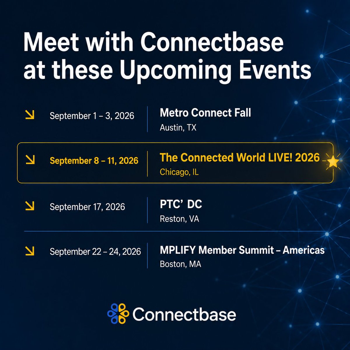 connected2fiber's tweet photo. Will you be attending any of these upcoming industry events? So will we.

We'd love to meet and discuss your connectivity goals, industry trends, and what's next for network automation.

📅 Book time with us: https://t.co/dnRRwunC9x

#Telecom #Connectivity https://t.co/yMRbTMBpP9