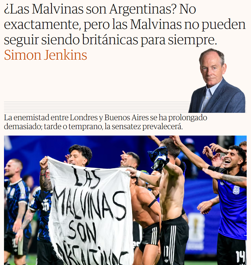 somoscorta's tweet photo. "Las Malvinas no pueden seguir siendo británicas para siempre"

The Guardian publicó una nota del periodista Simon Jenkins que afirma que "ninguno de los territorios de la época imperial británica tiene derecho eterno a permanecer como está".