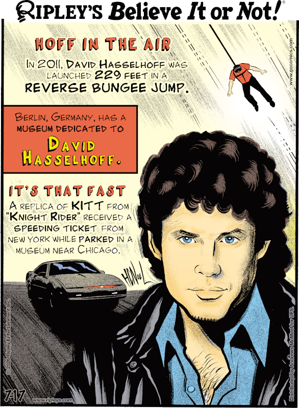 Ripleys's tweet photo. Hoff In The Air - In 2011, David Hasselhoff was launched 229 feet in a reverse bungee jump. @DavidHasselhoff 

Catch our daily cartoon here.👇 https://t.co/voNfzz1Gi4 https://t.co/C0JyMHlHYU