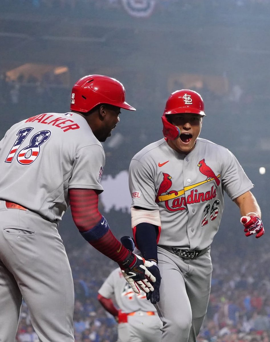 Jandystl's tweet photo. WELCOME TO THE SECOND HALF! The Cardinals have the Rookie of the Year for the next 8 years, Home Run Derby champ Jordan Walker is going for 40 home runs, and these youngry cards are going for the playoffs. Don’t let these guys get hot. Birds! #shocktheworld https://t.co/S3C39EDkdb