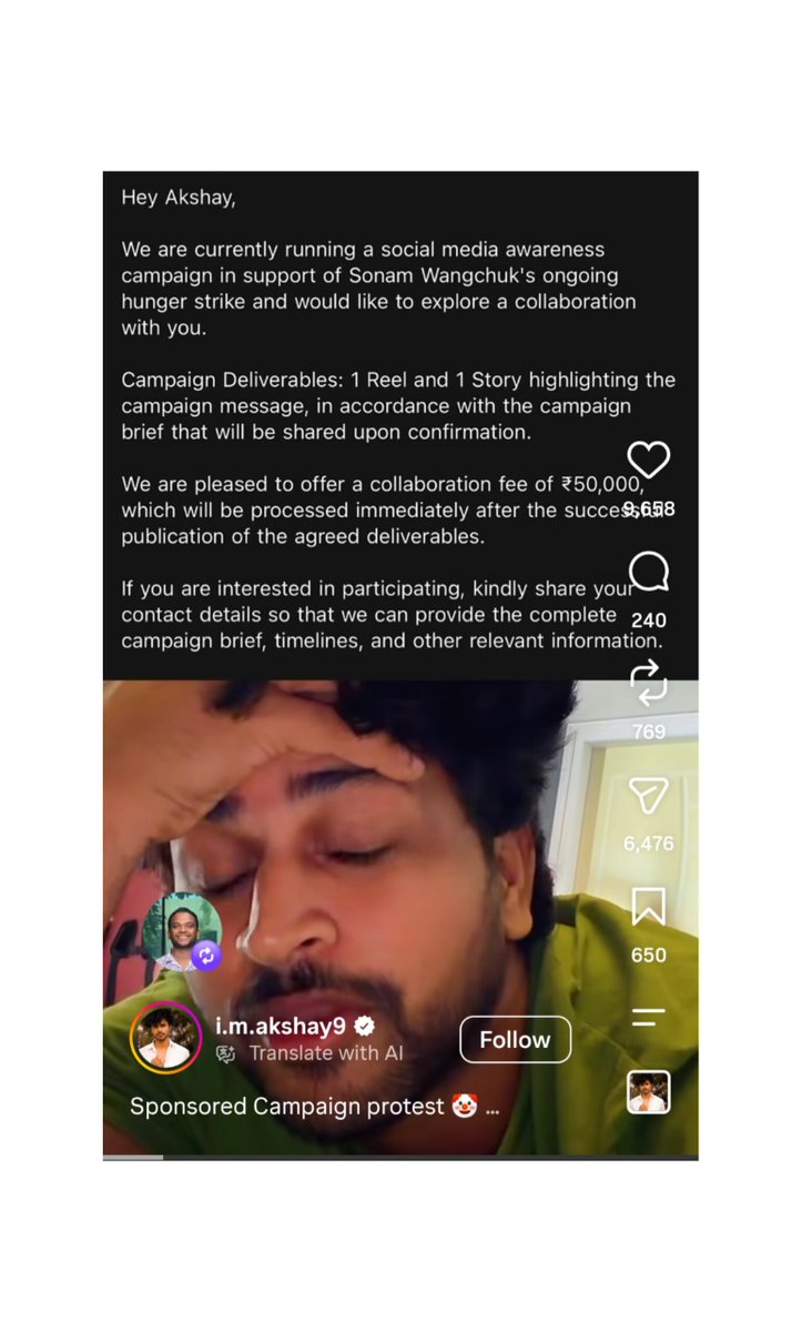 Chandra4Bharat's tweet photo. Seeing a lot of influencers posting about Sonam Wangchuk's hunger strike in the last 2 days.!?

Here's the reason.

A Telugu influencer with 344K followers was offered ₹50K

But he didn't sell himself 🧡 https://t.co/qMEVvcWwV4