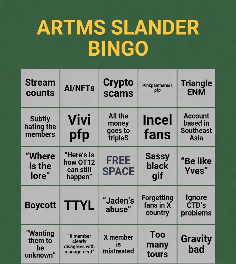 MargBarJaden's tweet photo. I present: ARTMS SLANDER BINGO

Any time complaints about artms are posted on here, read the replies and see if you can get bingo! https://t.co/Lp9qkz15ej