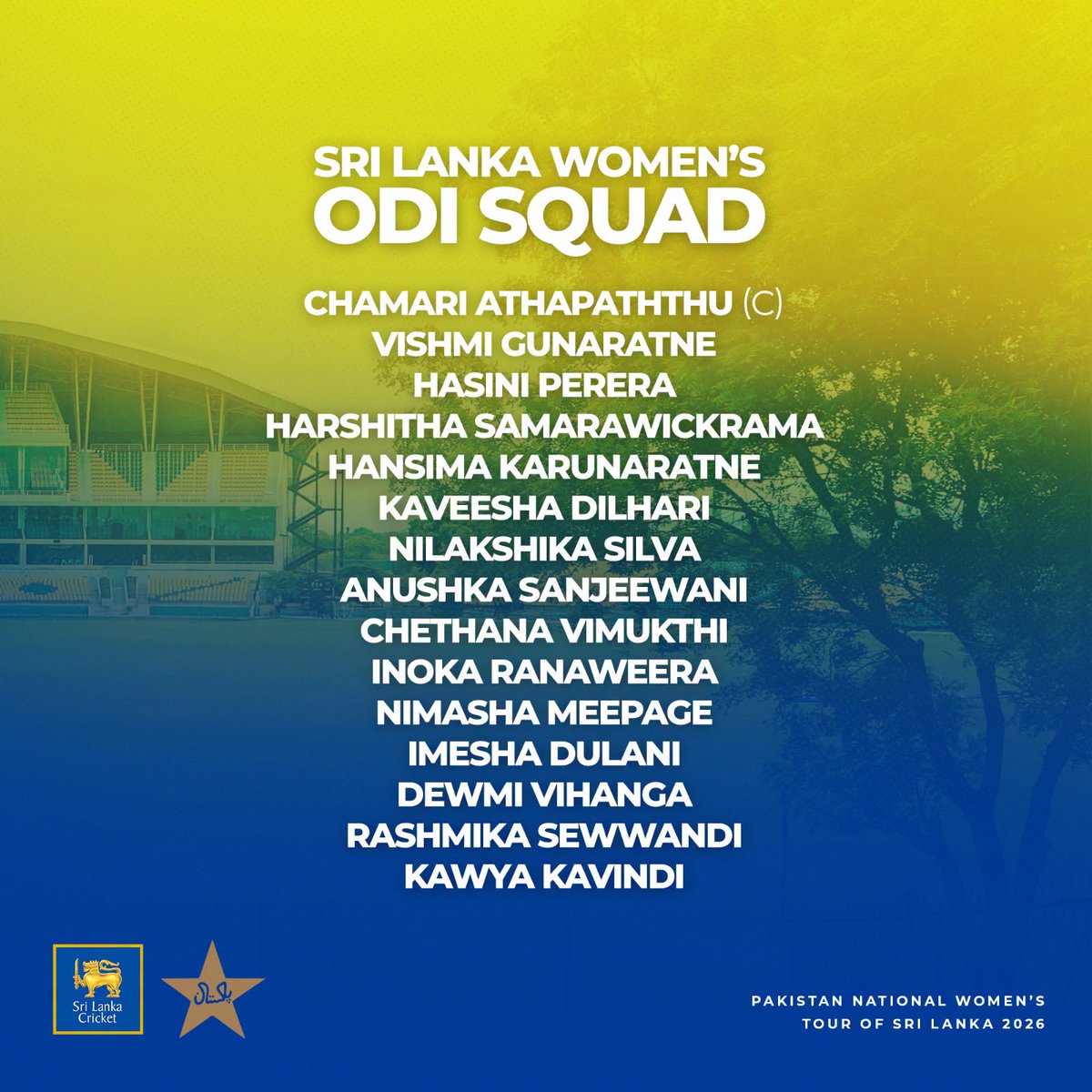 thecrichub_live's tweet photo. Sri Lanka names squad for away #ODI series vs Pakistan:
- Chamari Athapaththu will lead the side
- Vishmi Gunaratne, Anushka Sanjeewani, Chethana Vimukthi, Kawya Kavindi in
- Kaushini Nuthyangana, Piumi Wathsala, Sugandika Kumari, Malki Madara miss out
#Cricket #PAKvsSL #PAKWvsSLW | @OfficialSLC