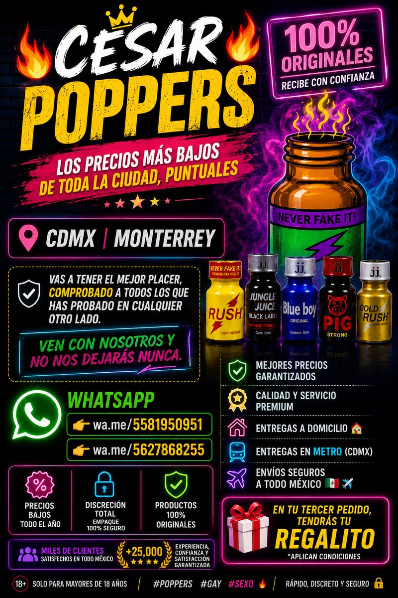 JehovaPoppers's tweet photo. #️⃣POPPERS Pide👍 
#CDMX #Monterrey
🌈César Poppers
📲WhatsApp:
👉https://t.co/n9l5UdF71f
👉https://t.co/U0N9peyr4t
✅Los mejores precios garantizados
✅Calidad y servicio top
✅Entregas a domicilio 🏠
✅Entrega en cualquier estación de 🚋Metro (CDMX)
✅Envíos seguros a todo 🇲🇽✈️ https://t.co/MEBEOCznH7