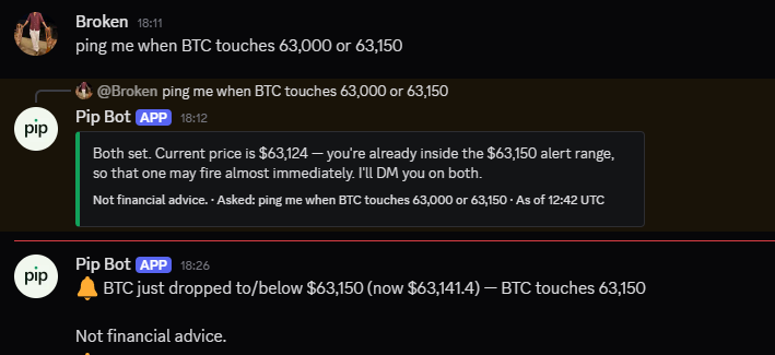 BrokenLull's tweet photo. Introduced a newer but rather simpler feature on @Pipinvestbot

Pip pings you whenever the price reaches or goes above/below a certain level. I don't use Limit orders and rather like to manually view price and open trades based on the market and set limits from there on.

Thus, this feature, soon I'll push similar aspects for macro/fed and economic calendars. 

Dm me if youd like access to Pip as well :)