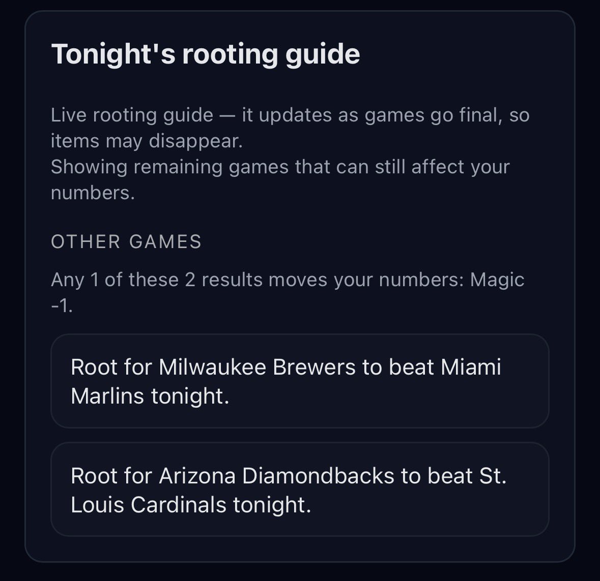 SportsMagicNum's tweet photo. @Cubs, @Braves and @Phillies fans have their eyes set on @Brewers and @Dbacks wins to get some help right out of the break!
Full #MagicNumber breakdown for every game 👉 https://t.co/OG4nARmOp1 #MLB #MLBPlayoffs https://t.co/4SnOL3TY81
