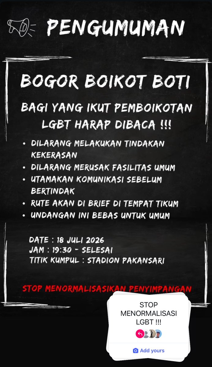 magnumysterium's tweet photo. 🚨SAVE OUR FRIENDS 🚨

Bogor Bersih LGBT akan menjalankan aksinya kembali besok malam di Stadion Pakan Sari.

untuk kalian yang punya relatif or teman queer or transpuan atau komunitas disana, tolong beritahu untuk tidak berada di tempat umum sekitaran Stadion Pakansari !! 

they're becoming bigger and more organized, so please stay safe. it's going to be a real fight between justice and humanity against hatred.