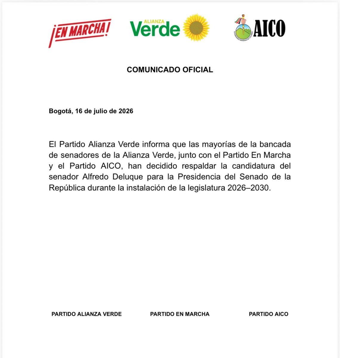 ricarospina's tweet photo. Atentos: @PartidoVerdeCoL @SomosEnMarcha y @PartidoAICO anuncian su apoyo a la aspiración de Alfredo @deluque a la Presidencia del @SenadoGovCo Son ocho votos más a favor del candidato del presidente @ABDELAESPRIELLA Vía @BluRadioCo https://t.co/YUWccqRMKr