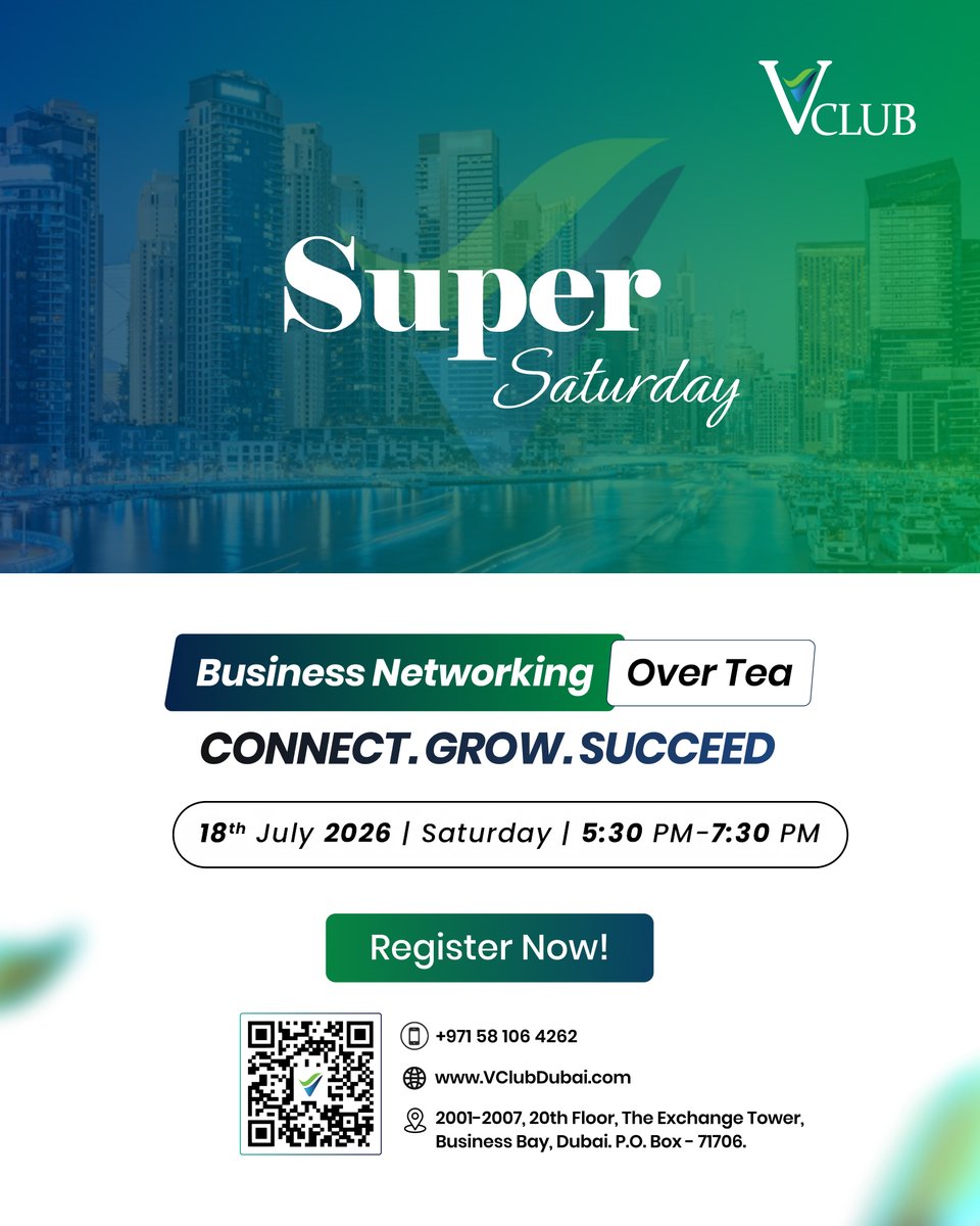 VClubDubai's tweet photo. Super Saturday at V Club is where Dubai’s #founders, #entrepreneurs, and decision-makers connect beyond small talk. ✨

Real #conversations. Fresh #ideas. Meaningful #connections.

🗓️ 18th July | ⏰ 5:30–7:30 PM
📍 The Exchange Tower, Business Bay
💸 Free Entry | +971581064262 https://t.co/JjtDf86dO7