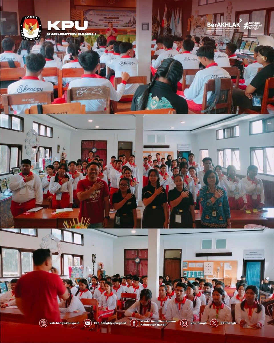 KPUBangli's tweet photo. 🎓🗳️ Belajar demokrasi hari ini, menentukan masa depan esok hari!

#TemanPemilih, KPU Kabupaten Bangli kembali hadir dalam kegiatan MPLS di SMK Negeri 1 Susut, Jumat 17 Juli 2026, melalui Sosialisasi Pendidikan Pemilih Pemula. https://t.co/flj6Auflh5