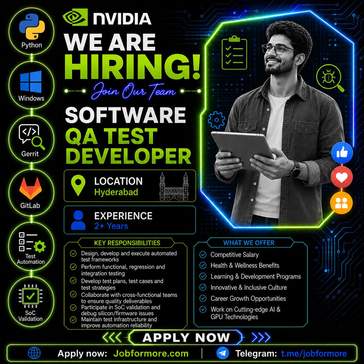 jobformore's tweet photo. 🚀 Software QA Test Developer @ NVIDIA
📍 Hyderabad | 2+ Years
🎓 BE/BTech
💻 Python, Windows, Gerrit, GitLab, Test Automation, SoC Validation
#Jobformore #NVIDIA #QAJobs #HyderabadJobs #PythonJobs
Apply: https://t.co/KhlUdaSDsx https://t.co/Fl8r54OQ7m