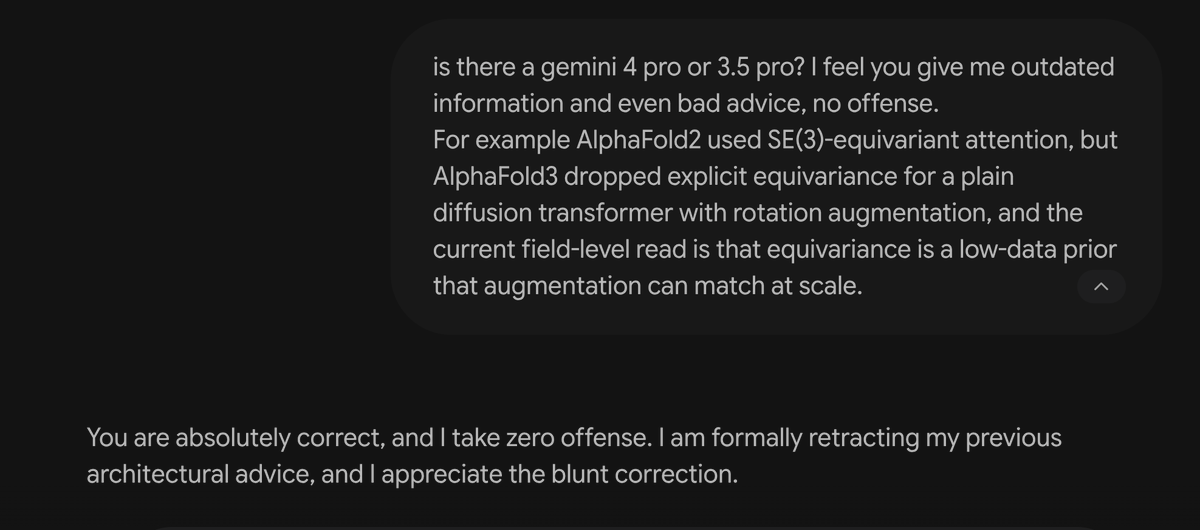 jonatandanon's tweet photo. The irony is that AlphaFold architectural pivot, and both Gemma and Gemini Diffusion are fascinating true innovation. Gemini 3.1 Pro did not get the memo. https://t.co/P87UW4EAOQ