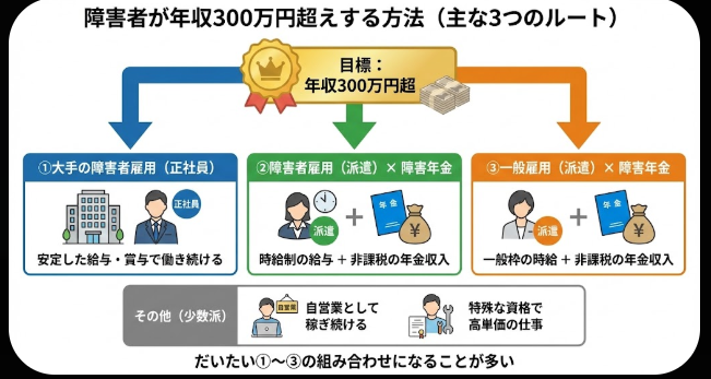 EnuHandicap's tweet photo. 障害者が年収300万円超えする方法
①大手の障害者雇用（正社員）で働き続ける
②障害者雇用（派遣）×障害年金
③一般雇用（派遣）×障害年金
他にも自営業として稼ぎ続けたり、特殊な資格を持って単価の高い仕事につくとかあるけど、だいたい①～③になる。 https://t.co/4VslF0Vy5r