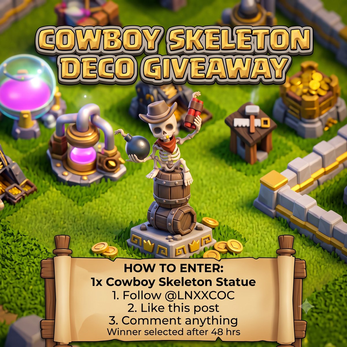 lnxx_coc's tweet photo. 🤠 GIVEAWAY ALERT!  Want to win this awesome Cowboy Skeleton Deco? We’re picking one lucky winner in just 48 hours!

Here is how to enter:
1️⃣ Follow me on Instagram :- https://t.co/kbOXsQVHAr
2️⃣ Like this post ❤️ 
3️⃣ Comment ANYTHING on post
 Winner will be announced in 48 hours. https://t.co/MJ0Axh25DN