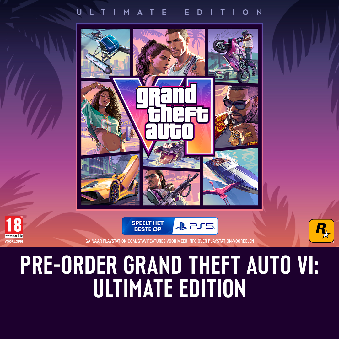 RockstarGames's tweet photo. Welkom in Leonida, de staat waar niets te gek is. Maak jacht op alles wat de gigantische wereld te bieden heeft met Grand Theft Auto VI: Ultimate Edition, een exclusieve collectie van premium voertuigen, wapens, kleding en overal actie. 

Pre-order nu op PlayStation 5
