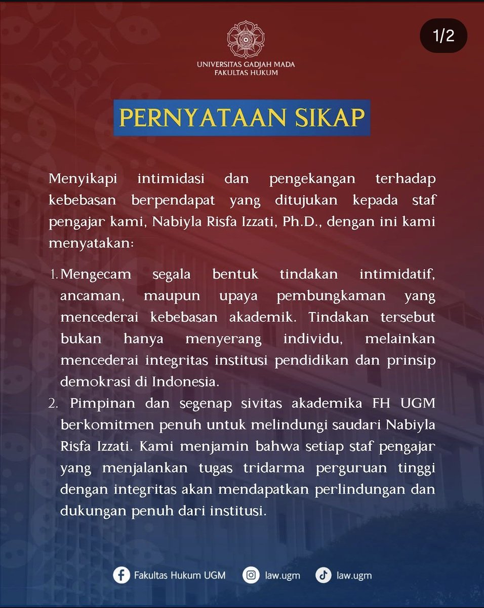 mfatahilahakbar's tweet photo. Pernyataan Sikap FH UGM terhadap tindakan kepada Mbak @nabiylarisfa .

Siap membantu mengawal dan melaporkan tindakan tersebut, biar ditelusuri ke akar akarnya siapa yg memerintahkan ancaman tersebut..
Harus dilawan!

Kalau perlu wajib PTUN sesuai dgn postingan awal mbak Nabiyla! https://t.co/t3ZiJzp6VN