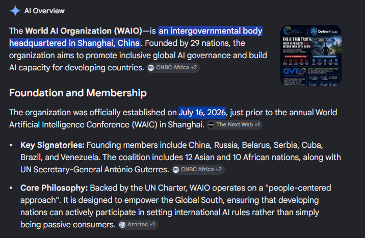 QuantDev15's tweet photo. I think i just found something crazy af?

26 countries just formed the first EVER AI government body called the World AI Organization (WAIO) 

It was founded on July 16 (literally today)

This is going viral all around the world rn

Logo can be found at the left corner of the official gov site

Sources:
https://t.co/WvJZxUBvWE

https://t.co/NmgGNX8dGk

OFFICIAL SITE:
https://t.co/xa7N4JrfG9