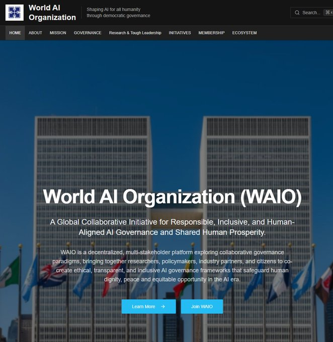 QuantDev15's tweet photo. I think i just found something crazy af?

26 countries just formed the first EVER AI government body called the World AI Organization (WAIO) 

It was founded on July 16 (literally today)

This is going viral all around the world rn

Logo can be found at the left corner of the official gov site

Sources:
https://t.co/WvJZxUBvWE

https://t.co/NmgGNX8dGk

OFFICIAL SITE:
https://t.co/xa7N4JrfG9