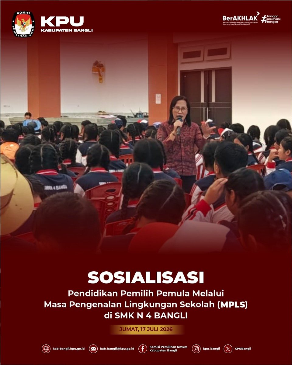 KPUBangli's tweet photo. 🎓🗳️ Belajar demokrasi hari ini, menentukan masa depan esok hari!

#TemanPemilih, KPU Kabupaten Bangli kembali hadir dalam kegiatan MPLS di SMK Negeri 4 Bangli, Jumat 17 Juli 2026, melalui Sosialisasi Pendidikan Pemilih Pemula. https://t.co/6rTCG1Bs6u