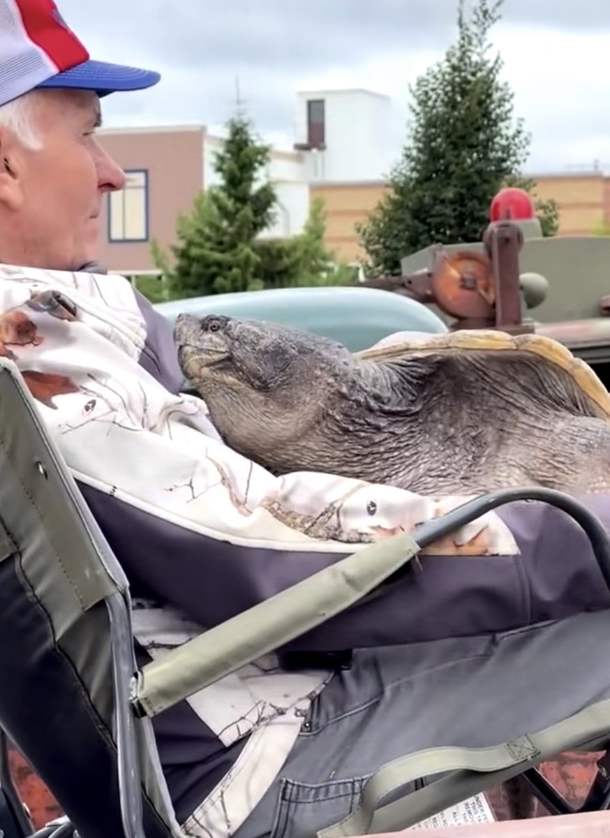 DudespostingWs's tweet photo. Crazy things are happening in Iowa. Bro basically has a pet dinosaur on his lap, riding in the back of an old power wagon https://t.co/FFUvk5OYN5