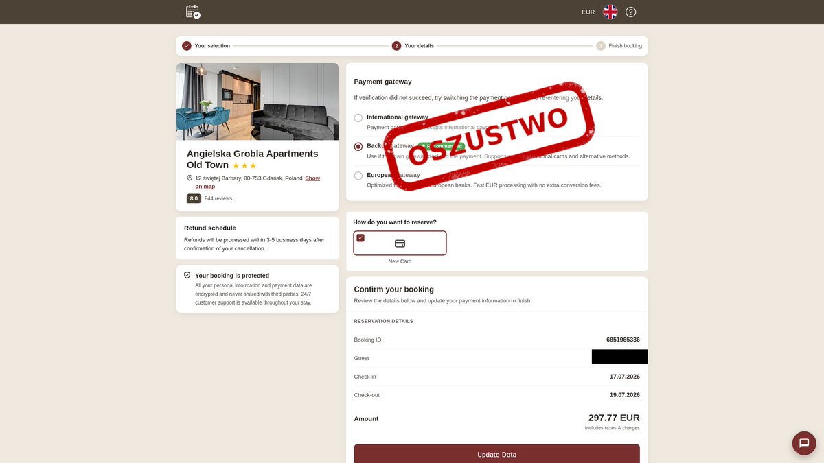 CERT_Polska's tweet photo. Uważaj na fałszywe wiadomości dotyczące rezerwacji hotelowych‼️

🏨 CERT Polska obserwuje kampanię phishingową wymierzoną w osoby posiadające rezerwacje hotelowe. W przesyłanej wiadomości cyberprzestępcy informują o rzekomo nieudanej próbie kontaktu i proszą o pilne podjęcie działania. Oszustwo jest dodatkowo wiarygodne ze względu na wykorzystanie danych z prawdziwych rezerwacji! ✉️  

🔗 Odnośnik zawarty w wiadomości prowadzi do strony imitującej serwis hotelu lub platformę rezerwacyjną. Celem znajdującego się tam formularza jest wyłudzenie danych osobowych oraz danych karty płatniczej pod pozorem potwierdzenia rezerwacji lub realizacji płatności 💳  

🔎 W przypadku otrzymania takiej wiadomości zweryfikuj jej treść, kontaktując się bezpośrednio z hotelem lub samodzielnie sprawdź status rezerwacji przez serwis, w którym została dokonana. Przed podaniem swoich danych zawsze weryfikuj adres witryny!  

📱 Podejrzane wiadomości e-mail i strony internetowe zgłaszaj do CERT Polska za pośrednictwem https://t.co/NNUSNq61UT lub w aplikacji mObywatel w usłudze „Bezpieczni w sieci”. Wiadomości SMS przekaż na darmowy numer 8080.