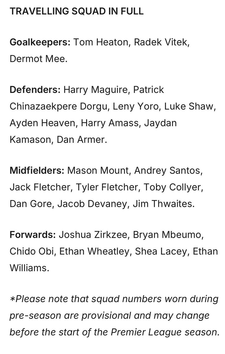 sistoney67's tweet photo. Man Utd squad for Wrexham game. Andrey Santos in. Karl Darlow not. No Sesko/De Ligt/JJ Gabriel (returned to training less than a week ago). https://t.co/QjZShseyuF