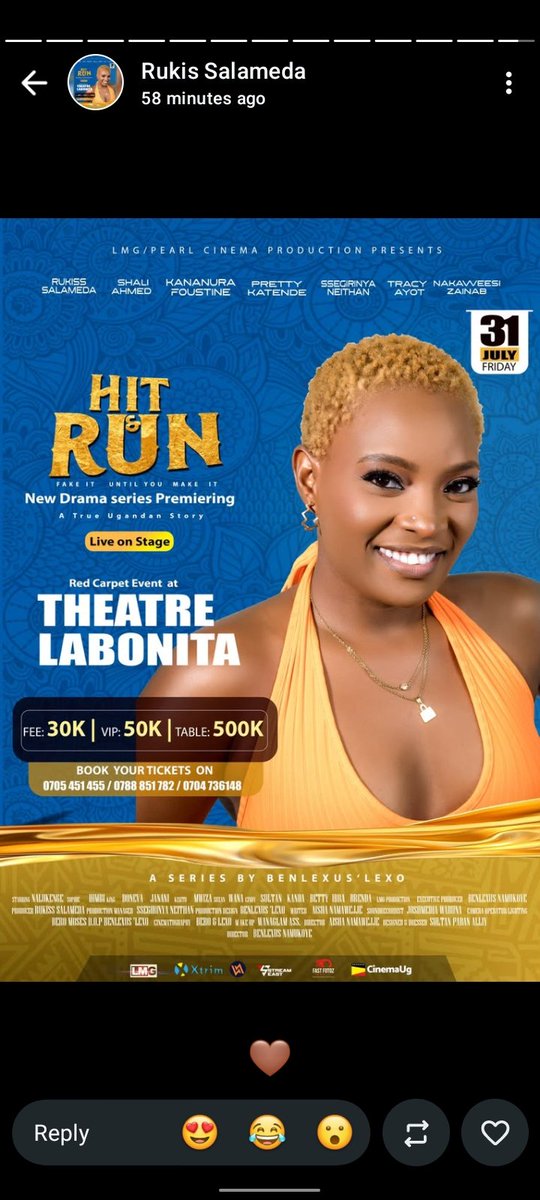 frontrowtikets's tweet photo. Hit &amp; Run...A new drama series set to premier on the 31st of July, this very month at Theatre La Bonita. Get your tickets now from us at the https://t.co/kYL3ycbBr3 platform. Only at 30k general, 50k VIP &amp; 500k a table.... Come be part of this beautiful masterpiece https://t.co/suGCVAANBz