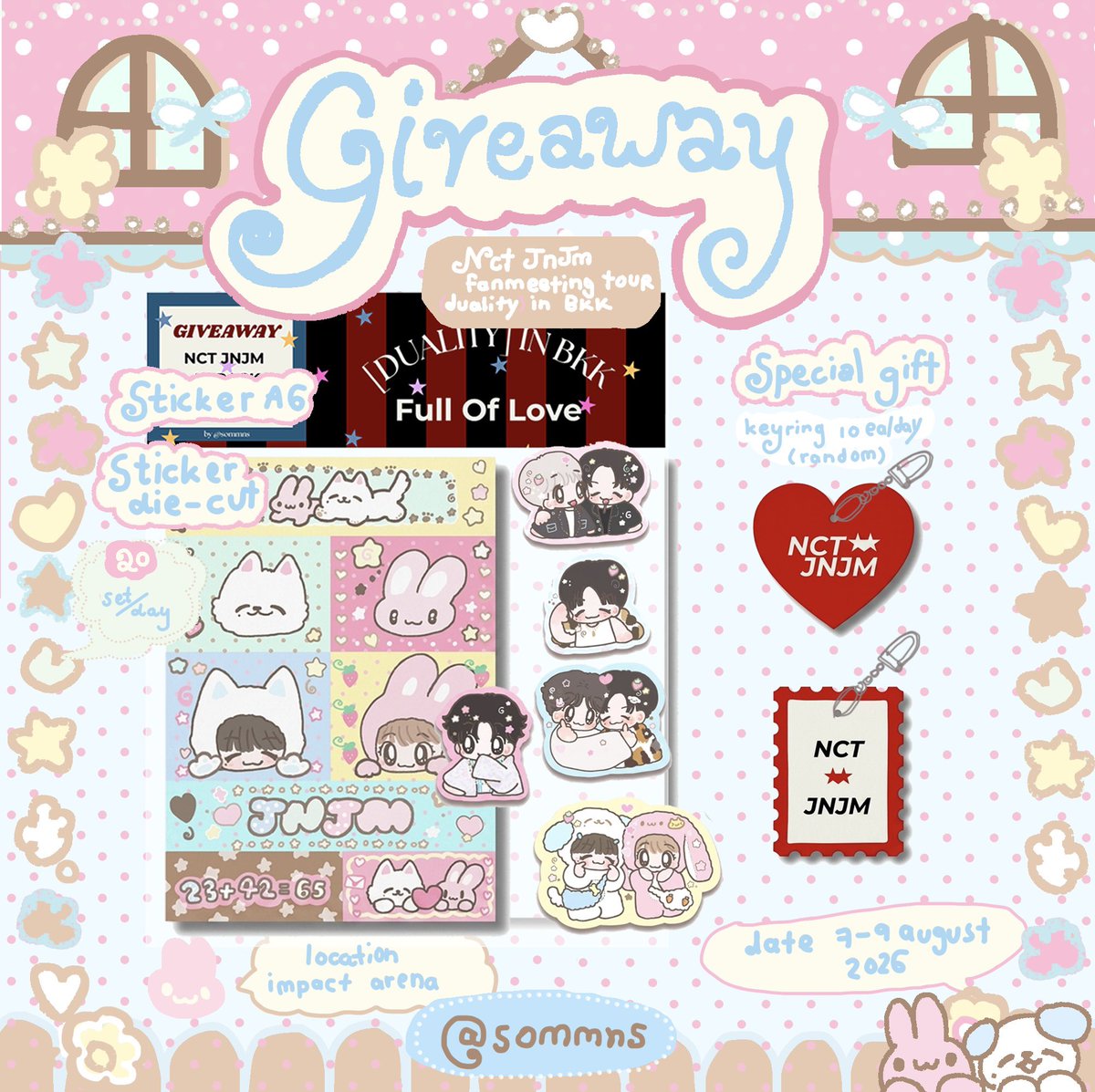 sommns's tweet photo. pls kindly rt 🫶🏻

giveaway duality 🎀
- sticker 20 set/day
- special gift - keyring 10 ea/day (random)

📍 impact arena
date : 07-09/08/2026
rt &amp; show this tweet 💌

#NCTJNJM_FANMEETING_TOUR #NCTJNJM_FANMEETING_TOUR_DUALITY https://t.co/unwcoVKlud