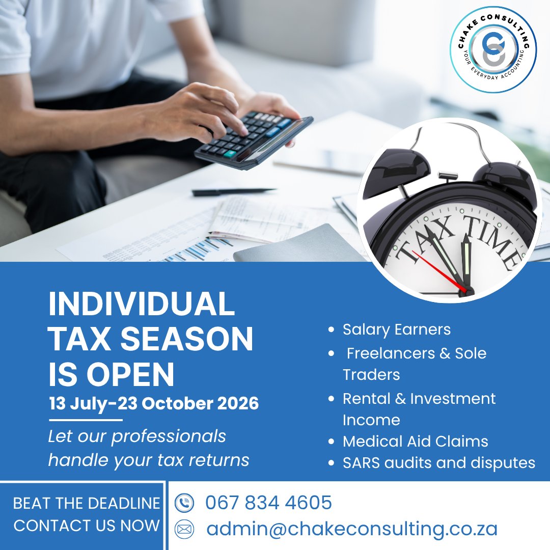 ChakeConsultin's tweet photo. Individual tax season is open
13 July till 23 October 2026
Who must file?
-Salary earners
-Freelancers and Sole Traders
-Rental and Investment Income
-Medical Aid Claims
-SARS audits and disputes
#SARS #SARSFiling #TAXfiling #Filingseason #Employees #Compliance #ComplianceMatters https://t.co/yWX0Xxnh9h