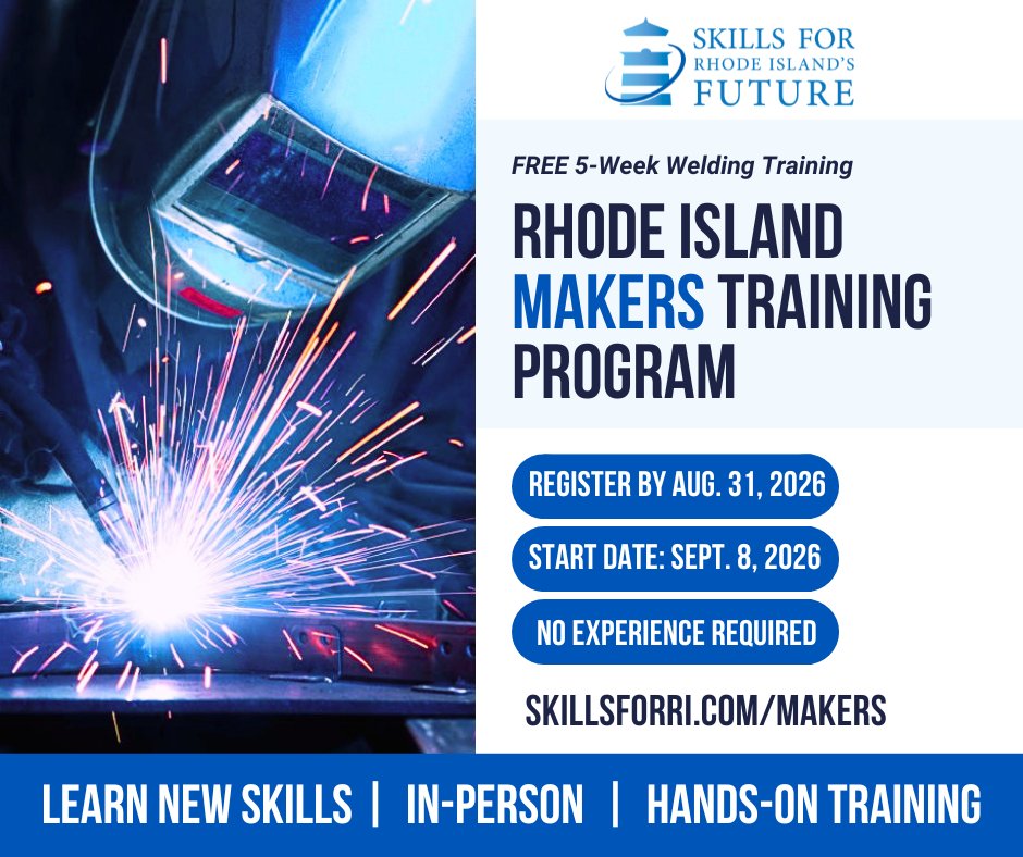 RI_DLT's tweet photo. Apply by August 31, 2026, for @SkillsforRI's  FREE 5-week RI Makers Training Program. No experience is required for this hands-on, 190-hour Welding Course running Sept 8–Oct 9.

Earn Local 51 &amp; OSHA-10 credentials.

Apply: https://t.co/Jv8jBjCrd4

#RIJobs #SkillsRI #JobTrainingRI https://t.co/7xWqTvqAFU