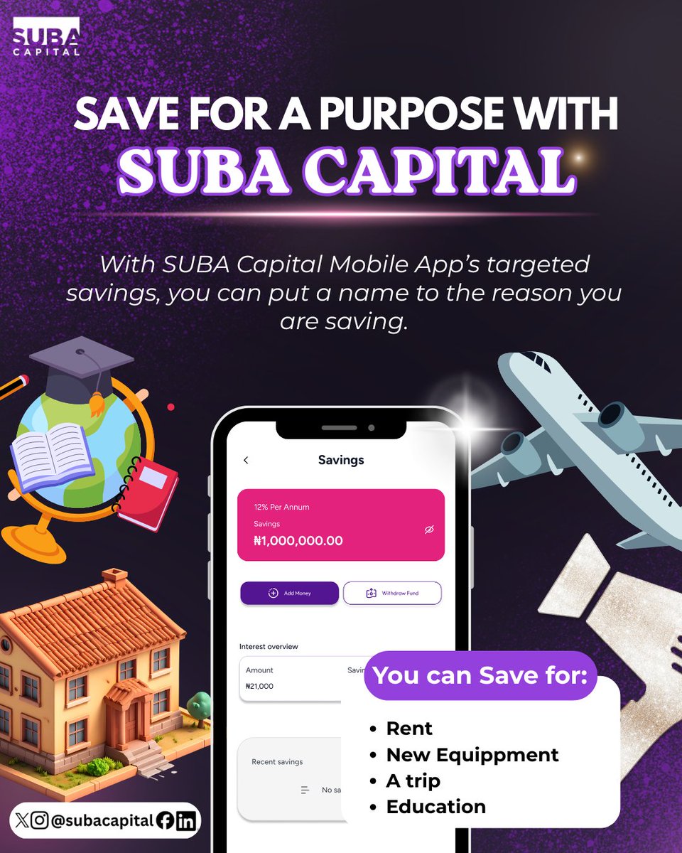 SUBACapital's tweet photo. Saving money without a goal is like buying a treadmill just to hang clothes on it. Great intention. Wrong purpose.

Give every Naira a mission.

With the SUBA App you can:
💰 Save by specific goals
📊 Track your progress
🎯 Build big dreams with small, consistent contributions https://t.co/Ml03qF5Hnj