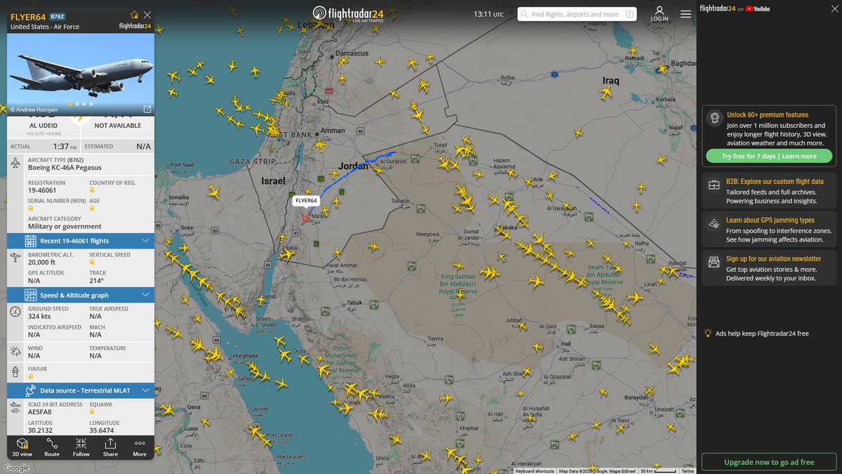 AIYeyENGDdJkjTr's tweet photo. July 17, 2026
#Al-Udeid Air Base ==> #Southern Israel
#FLYER64 #AE5FA8 USAF KC-46A Pegasus https://t.co/noDD8DOKb1