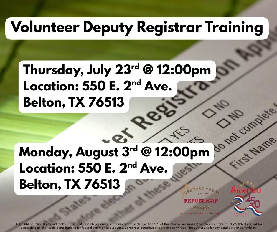CTRW_PAC's tweet photo. CTRW is a grassroots organization on a mission to help elect Republicans. We encourage you to get trained, get ready, and get active in registering Republican voters for the upcoming midterm elections. The next available opportunity is next Thursday.

Due to limited seating, please RSVP by three business days prior to the VDR training.
RSVP by calling 254-933-5774 or email at Voter.Registration@bellcounty.texas.gov

#ctrwleads 
#TFRWLeads 
#RepublicanWomenLead 
#KeepTexasRed