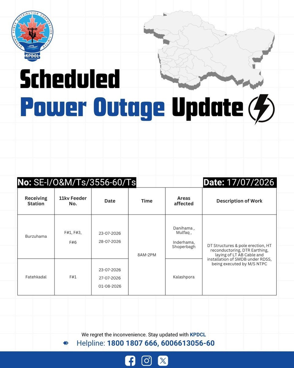kpdcloffice's tweet photo. Scheduled Power Shutdown Update of 11KV Feeders.

Stay prepared!

We regret the inconvenience caused.

#KPDCL #SHUTDOWN

@CM_JnK @OfficeOfLGJandK @diprjk @nasirsogami @DivComKash @GreaterKashmir @RisingKashmir https://t.co/SA6rmX7Ltd