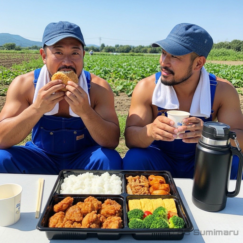 sumimaru_rd's tweet photo. "Fieldbreak"
#AI男子 #Alman #AIGeneratedMan #Almale
#duo #couple #farmwork #breaktime
#blueoveralls #meal #sunnyday
#quietbond #RuggedDuo https://t.co/jv68lyuDPY