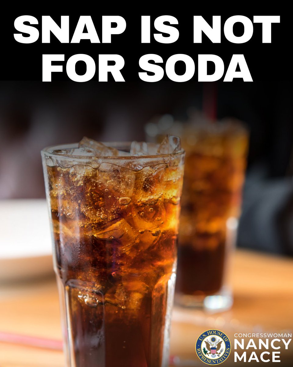 RepNancyMace's tweet photo. SNAP should not fund sugary sodas. SNAP is for nutritious meals for families who need it.

SNAP is a roughly $100 billion program serving more than 40 million Americans, and every dollar should go toward putting healthy food on the table. This isn't about being harsh, it's about investing in the health of the American people.

Healthy families build a stronger America, and it all starts with what's on the plate.

MAHA.