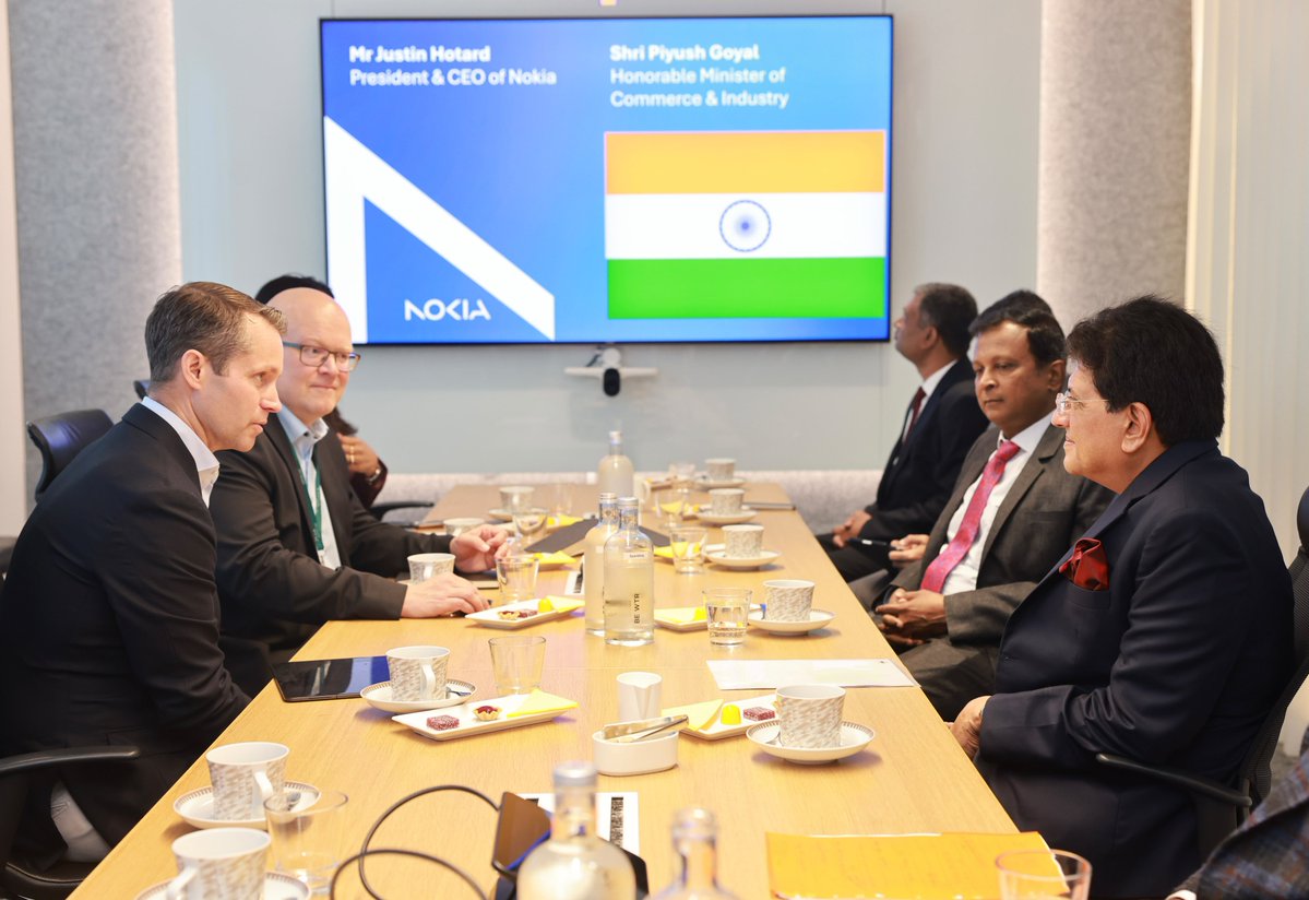 PiyushGoyal's tweet photo. Held a productive meeting with @Nokia Corporation President & CEO @JustinHotard and their senior leadership in Helsinki.

Discussions centred on expanding Nokia's manufacturing footprint in India, scaling up exports from India-based facilities, and deepening R&D and research investment in the country.

Also placed strong emphasis on telecom network security and building resilient, trusted supply chains. Invited them to tap further into India's engineering talent, growing telecom market, and the 'Make in India' ecosystem to strengthen the India-Finland innovation partnership. 🇮🇳🇫🇮