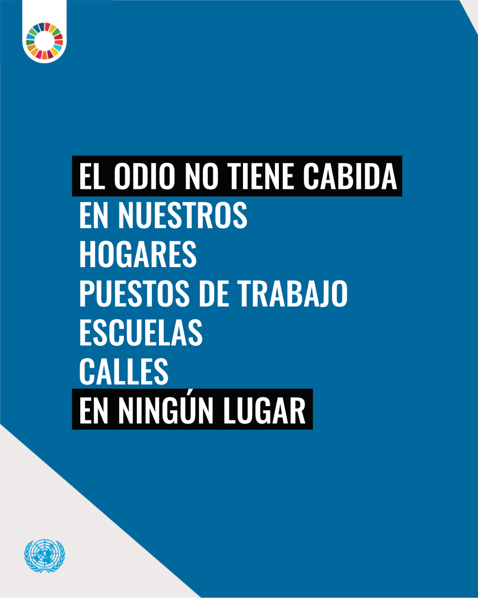 ONU_es's tweet photo. El odio no tiene cabida aquí.

Nunca. En ningún lugar.

Es divisivo, dañino y peligroso.

Transforma tu entorno —hogar, trabajo, redes— en un espacio de empatía.

Hoy: comparte un mensaje positivo en redes o apoya a alguien que haya sido víctima de odio.

#NoAlOdio https://t.co/GkmcoePc6Y