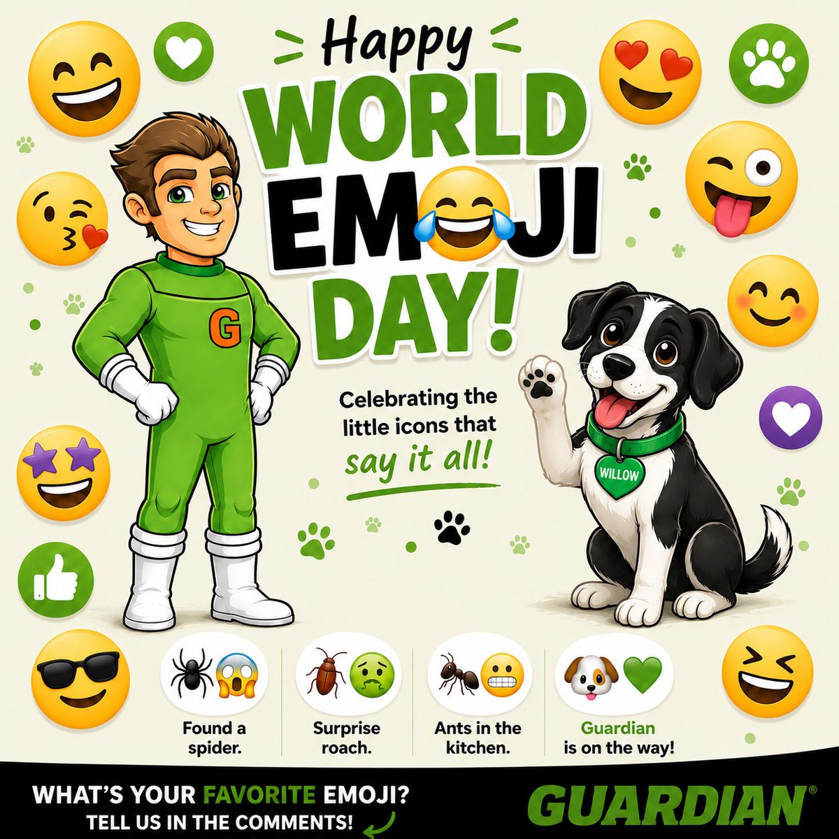 GuardianPestFL's tweet photo. Every conversation needs a little personality. 😊💚
Today we’re celebrating the tiny icons that make us smile.

Show us your favorite emoji, or tell us how your day is going using only emojis! 😄👇🐾

#WorldEmojiDay #Guardian #BrevardCounty #WillowTheOfficeDog #SpaceCoast https://t.co/2RmiHVyi0g