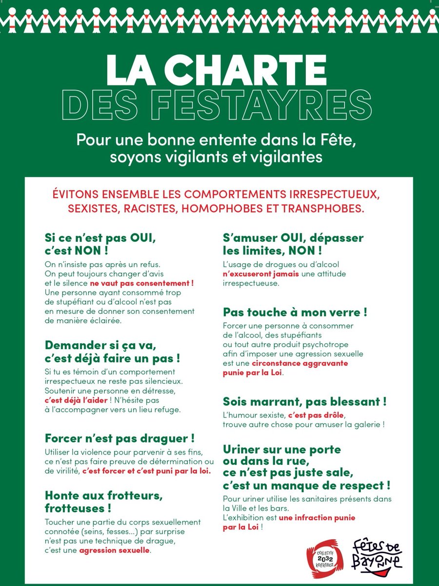 Fetes_Bayonne's tweet photo. ℹ️ "La Charte des festayres"
Pour une bonne entente dans la Fête, soyons vigilants et vigilantes.
#FDB26 #FêtesDeBayonne2026 https://t.co/8DY6A8Nliq