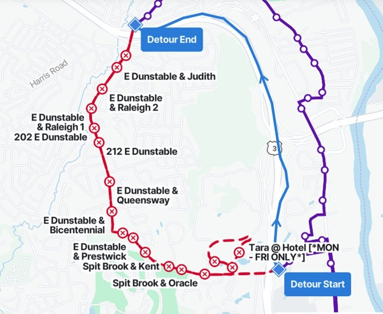 Ridebigblue's tweet photo. (07/17/26) Route 6 &amp; 6A Highway Detour: 
Due to construction vehicles blocking the road on E Dunstable Rd, all bus stops on E. Dunstable and Spit Brook Rd between Exit 1 and Exit 4 will be missed. Updates will be provided when available. https://t.co/F45IB7fDNH