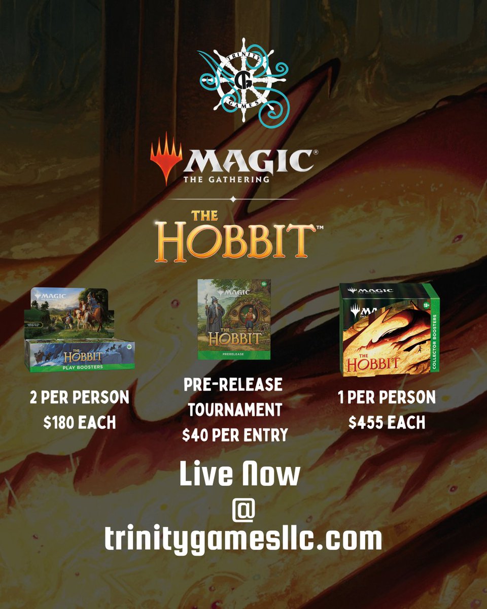 TrinityGamesLLC's tweet photo. Live now at https://t.co/QI0FqGuthk  !
Reserve your collector box and play boxes today! You can also get registered for the pre-release tournament, $40 gets your entry and pre-release kit for the 4 round swiss style event!

#trinitygamesllc #mtg #cardshop #shoplocal #thehobbit https://t.co/Qz7E1dX7td