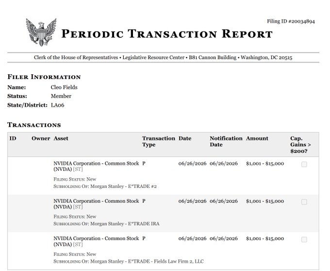 firedog8423's tweet photo. 🇺🇸 Congressmember Cleo Fields just filed for his purchase of up to $45,000 worth of Nvidia
$NVDA

stock https://t.co/veFir510eN
