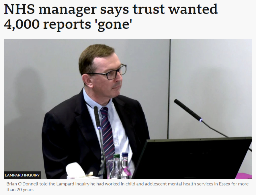 ArturNadol7566's tweet photo. NHS TRUST DELETES 4K FILES AS INQUIRY WATCHES

Somewhere in Essex, a senior NHS manager looked at 4,000 staff incident reports covering self harm, assaults and racial abuse, and decided the correct clinical response was to delete the evidence. 

As if 4,000 reports of harm inside a mental health trust are a spam folder problem and not a paper trail leading somewhere uncomfortable.

Brian O'Donnell, clinical lead at the St Aubyn Centre in Colchester, was the one asked to do the deleting at the end of 2024, right as the Lampard Inquiry @LampardInquiry was getting underway. 

The inquiry exists because more than 2,000 mental health patients died in Essex over 24 years, and Baroness Lampard has since said the true number could be significantly higher. So the timing here is not subtle. 

An inquiry opens its eyes and a trust starts asking staff to close the filing cabinet.

O'Donnell refused to play along. He had already raised concerns with a coroner over the death of 16 year old Elise Sebastian. Four days later his access to the incident reporting system was pulled. He calls it a clear cover up. I am struggling to find a kinder word for it too.

Essex Partnership University NHS Foundation Trust @EPUTNHS told the @BBC that all reports are taken seriously, recorded and investigated. Somebody should tell that to the 4,000 reports that were told the opposite.

Deborah Coles of the charity Inquest already told the Lampard Inquiry that falsifying safety records is well known within the Essex context. A high prevalence, she called it. So we are not looking at an isolated slip. We are looking at a system that treats its own paperwork as the enemy.

Whistleblowers like O'Donnell are usually the only reason any of this becomes public at all. He lost his access for speaking up. The trust kept its funding. 

Guess which one the system was built to protect.

SOURCES
@nikkijfox @BBCNews @LampardInquiry @EPUTNHS @CareQualityComm