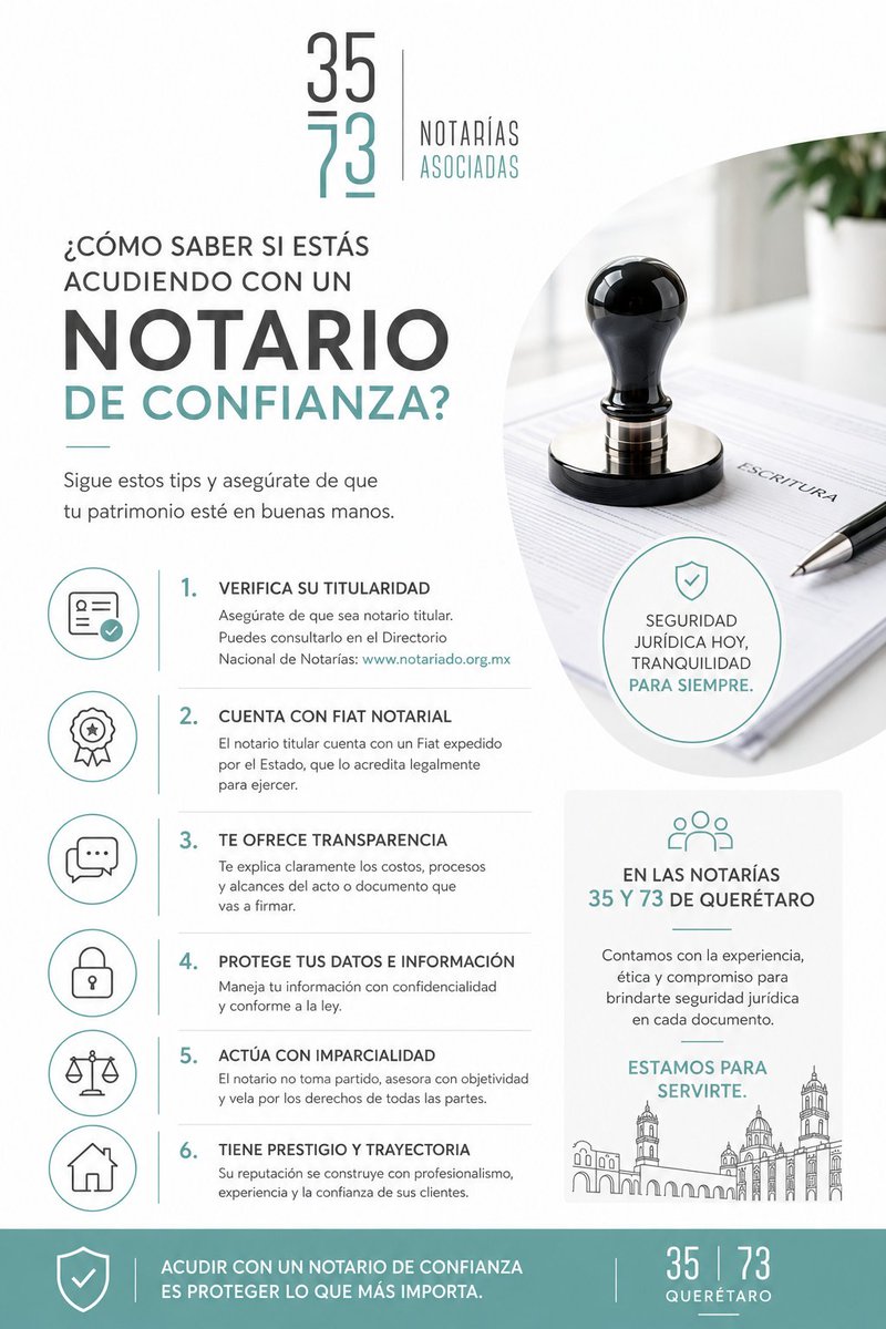 Notarias35y73's tweet photo. ¿Sabías que no todos los notarios ofrecen las mismas garantías? Antes de firmar cualquier documento, verifica que acudes con un notario titular, con experiencia y total transparencia. Tu patrimonio merece la certeza jurídica de un profesional. https://t.co/P68xLDt04P