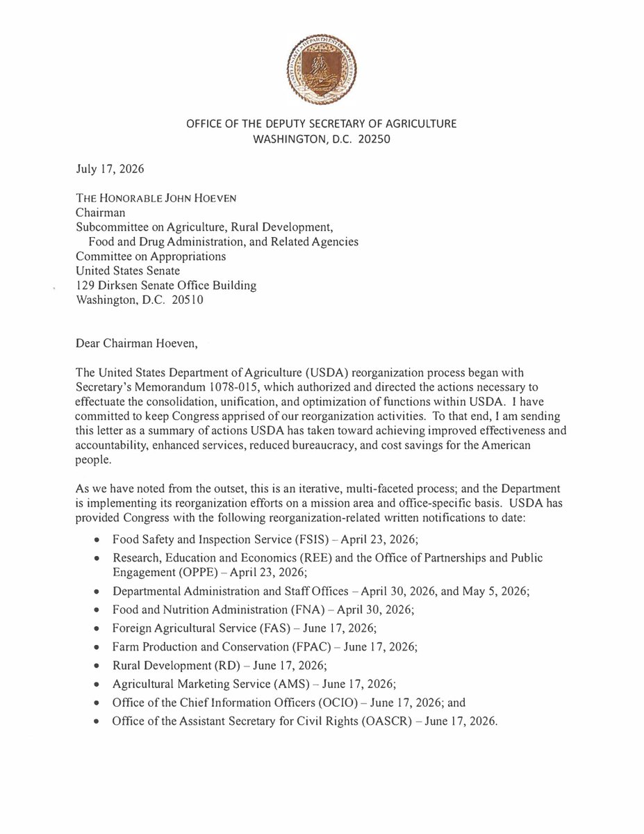 DepSecVaden's tweet photo. Today, I sent an unsolicited @USDA reorganization update to Congressional colleagues, both appropriators and authorizers. 

✅Seven different collective bargaining actions   completed, four in progress.
✅These include voluntary agreements with @USDA_FNA and Beltsville Agricultural Research Center employees.
✅Fifteen lease and facilities actions.
✅Ten different notifications to Congress.

The Department will continue to improve service and reduce bureaucracy. Read more here ⬇️.