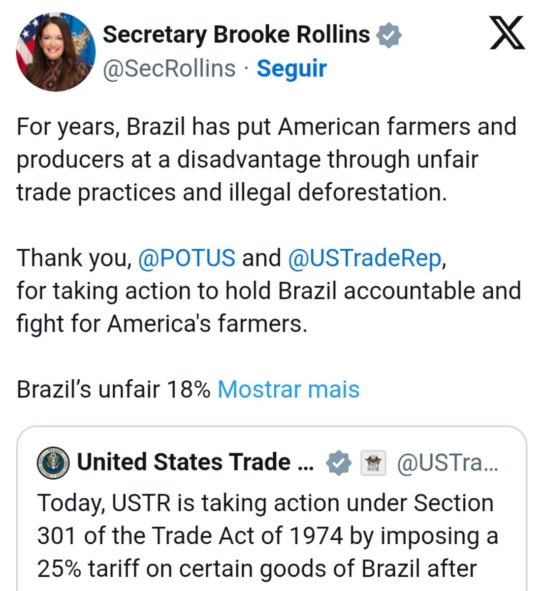 fiscaldoibama's tweet photo. Pra quem acha q os culpados pela tarifa são só os patéticos bolsonaros:  USA coloca a culpa no AGRO q destrói a floresta!

"Há anos, o Brasil coloca os agricultores americanos em desvantagem por meio de práticas comerciais desleais e desmatamento ilegal"
https://t.co/TLK7TLE7Ap https://t.co/DirzLQzJH8